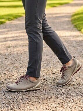 Ecco  BIOM Lite Taupe Leather Sneakers with Burgundy Laces
